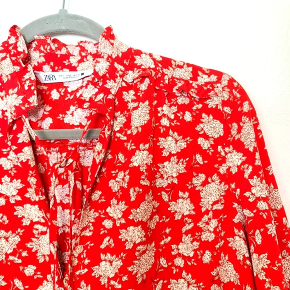 ZARA Floral Print Ruffles Tie Front Shirt Blouse Red - Picture 9 of 12